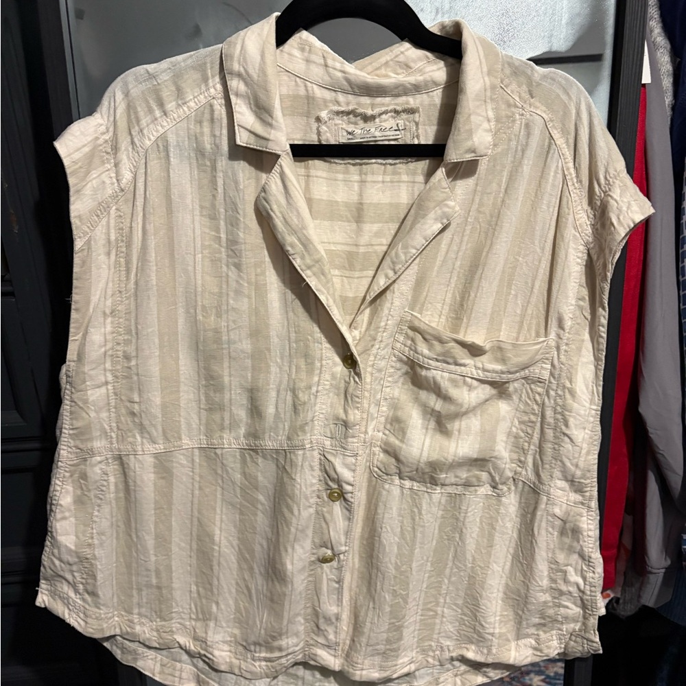 We The Free Tan Sleeveless Button Down Shirt with Notched Collar